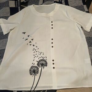 Elegant White Blouse with Black Dandelion Design